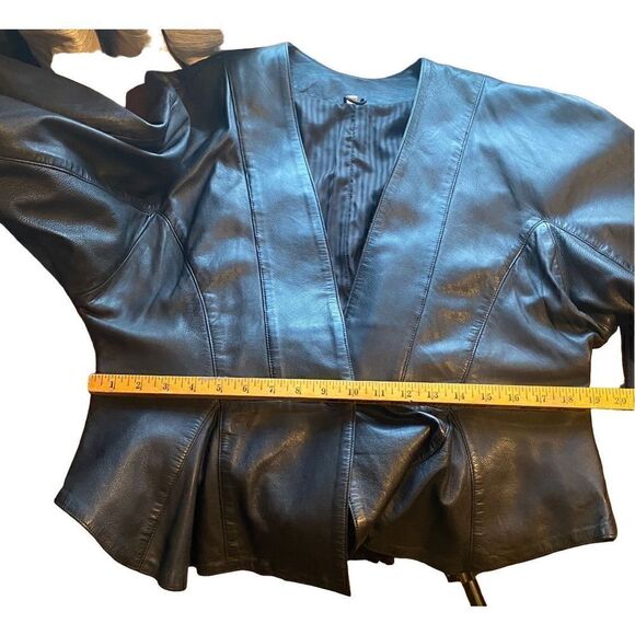AVANT GARDE 80S BLACK LEATHER POWER SHOULDER PEPLUM JACKET LARGE - Picture 5 of 12
